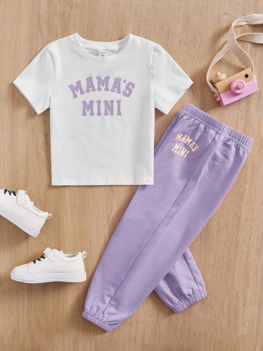 SHEIN Leap Crew 2pcs/Set Fitted "Young Girl" Letter Graphic T-Shirt And Jogger Pants Casual Outfit - Lilac Purple - View 1