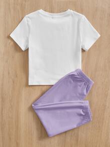 SHEIN Leap Crew 2pcs/Set Fitted "Young Girl" Letter Graphic T-Shirt And Jogger Pants Casual Outfit - Lilac Purple - View 2