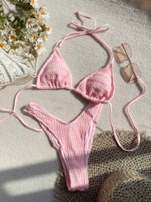 Swim Mod Summer Beach Textured Bikini Set Halter Triangle Bra Top & High Cut Bikini Bottom 2 Piece Bathing Suit - Pink - View 1