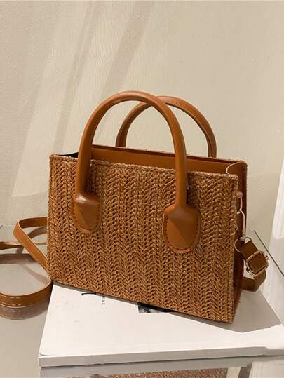 Small Straw Bag Vacation Brown Double Handle Paper, Perfect For Summer Beach Travel Vacation