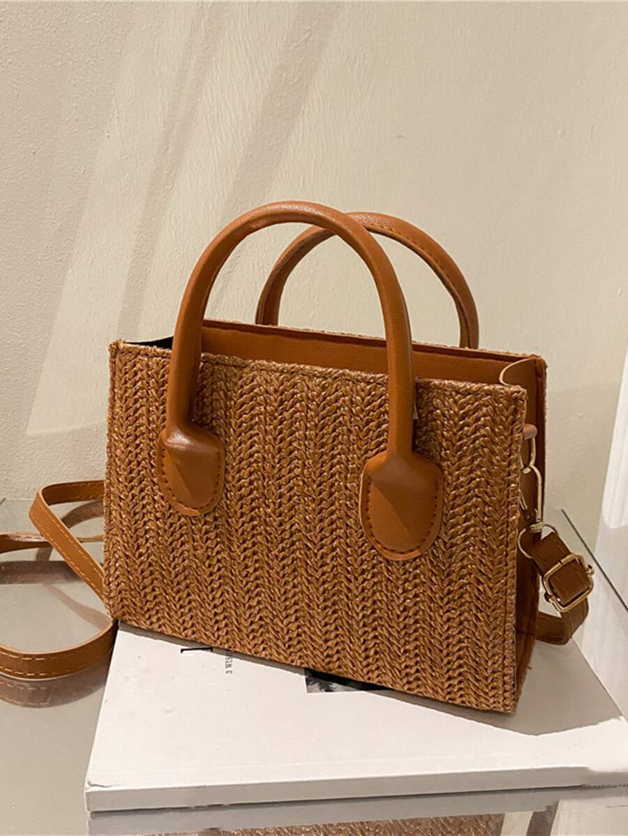 Kleine Strohtasche für den Urlaub, braunes Papier mit Doppelgriff, perfekt für den Sommer Strand Reiseurlaub - Braun - Übersicht 1