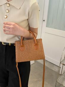 Kleine Strohtasche für den Urlaub, braunes Papier mit Doppelgriff, perfekt für den Sommer Strand Reiseurlaub - Braun - Übersicht 3