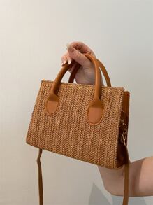 Kleine Strohtasche für den Urlaub, braunes Papier mit Doppelgriff, perfekt für den Sommer Strand Reiseurlaub - Braun - Übersicht 4