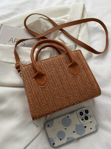 Kleine Strohtasche für den Urlaub, braunes Papier mit Doppelgriff, perfekt für den Sommer Strand Reiseurlaub - Braun - Übersicht 7