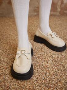 ROMWE Fairycore Heart & Bow Decor Flatform Loafers - Beige - View 1