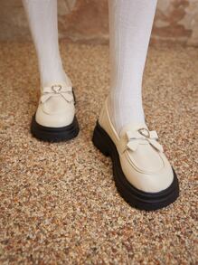 ROMWE Fairycore Heart & Bow Decor Flatform Loafers - Beige - View 2