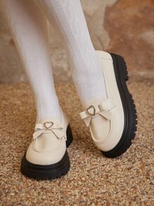 ROMWE Fairycore Heart & Bow Decor Flatform Loafers - Beige - View 3