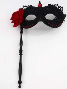 1入組女士水鑽花朵裝飾時尚服裝眼罩和1入組手持棒適用於假面舞會派對 - 黑色 - 查看 1