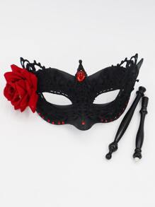 1入組女士水鑽花朵裝飾時尚服裝眼罩和1入組手持棒適用於假面舞會派對 - 黑色 - 查看 3