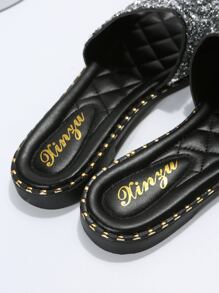 Sequin Decor Single Band Slide Sandals, Women's Silver Mules Flat Sandals Valentines