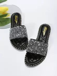 Sequin Decor Single Band Slide Sandals, Women's Silver Mules Flat Sandals Valentines