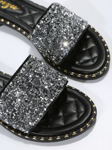 Sequin Decor Single Band Slide Sandals, Women's Silver Mules Flat Sandals Valentines