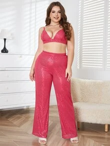 D&M Plus Sequin Crop Cami Top - Rose Red - View 4