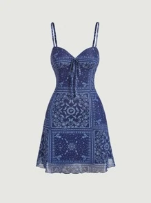 SHEIN MOD Paisley Scarf Print Cami Dress - Navy Blue - View 1