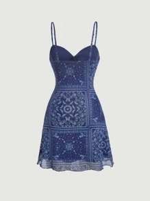 SHEIN MOD Paisley Scarf Print Cami Dress - Navy Blue - View 5