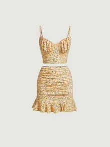 SHEIN MOD 碎花吊帶上衣和褶邊荷葉邊半身裙 - 彩色 - 查看 1