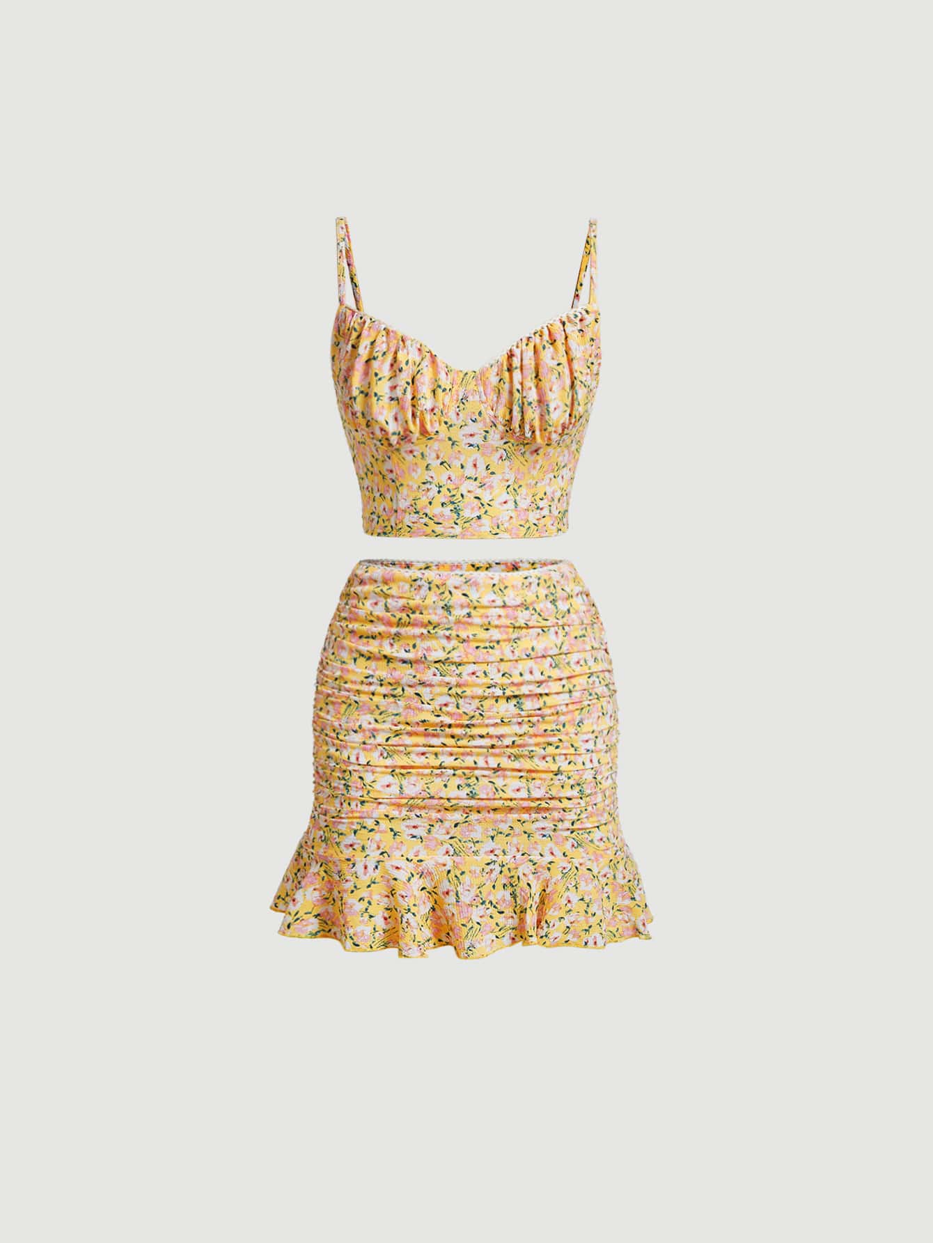 SHEIN MOD 碎花吊帶上衣和褶邊荷葉邊半身裙 - 彩色 - 查看 1