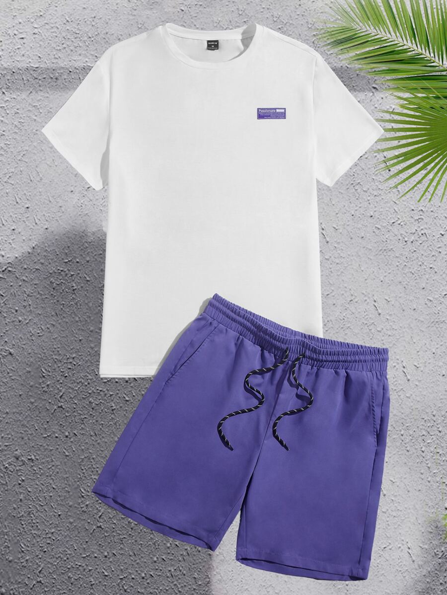 GENTILAND Men Letter Patched Detail Tee & Drawstring Waist Shorts - Multicolor - View 1