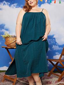 SHEIN CURVE+ 大碼素色吊帶連衣裙 - 水鴨藍 - 查看 1