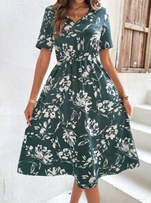 SHEIN VCAY 印花A字連衣裙 - 墨綠色 - 查看 3