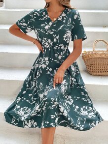 SHEIN VCAY 印花A字連衣裙 - 墨綠色 - 查看 4