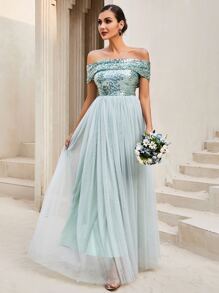 LOVE&LEMONADE Off Shoulder Sequin Insert Contrast Mesh Hem Bridesmaid Dress - Mint Green - View 1