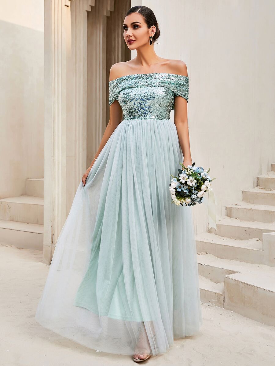 LOVE&LEMONADE Off Shoulder Sequin Insert Contrast Mesh Hem Bridesmaid Dress - Mint Green - View 1