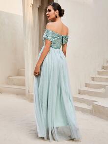 LOVE&LEMONADE Off Shoulder Sequin Insert Contrast Mesh Hem Bridesmaid Dress - Mint Green - View 2