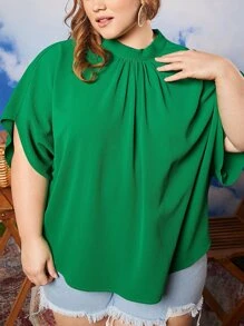 SHEIN CURVE+ Blusa de cuello alto de manga murciélago - Verde - Ver 1