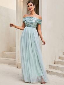 LOVE&LEMONADE Off Shoulder Sequin Insert Contrast Mesh Hem Bridesmaid Dress - Mint Green - View 3