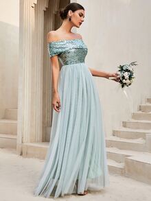 LOVE&LEMONADE Off Shoulder Sequin Insert Contrast Mesh Hem Bridesmaid Dress - Mint Green - View 4