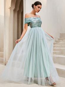 LOVE&LEMONADE Off Shoulder Sequin Insert Contrast Mesh Hem Bridesmaid Dress - Mint Green - View 5