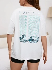 SHEIN EZwear Plus Wave & Slogan Graphic Drop Shoulder Tee - White - View 1