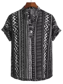 Manfinity RSRT Camisa Holgada De Media Botonadura Para Hombre Con Estampado Geométrico Completo - Blanco y Negro - Ver 1