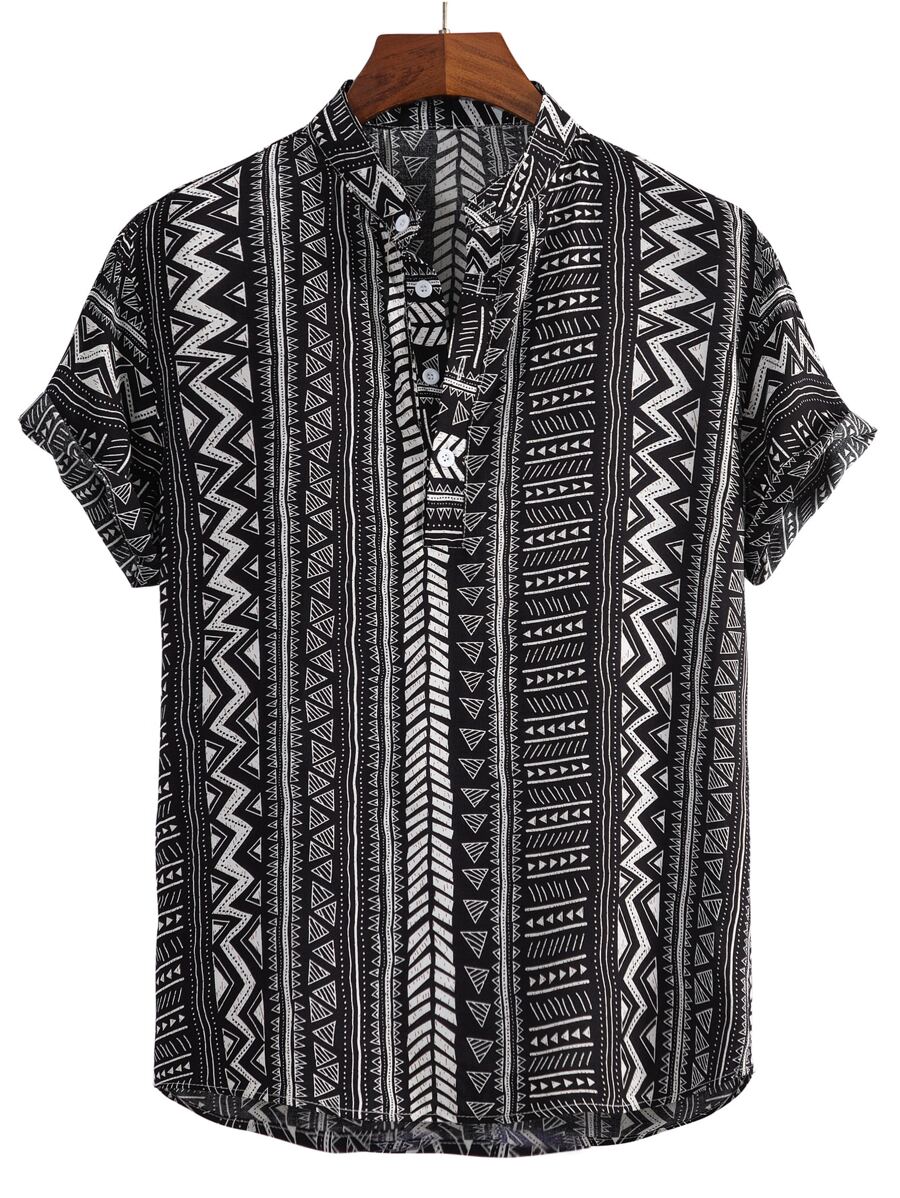 Manfinity RSRT Camisa Holgada De Media Botonadura Para Hombre Con Estampado Geométrico Completo - Blanco y Negro - Ver 1