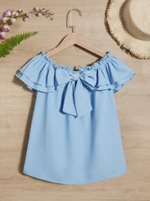 SHEIN Chicas Blusa de hombros descubiertos con lazo delantero ribete con fruncido - Celeste - Ver 1