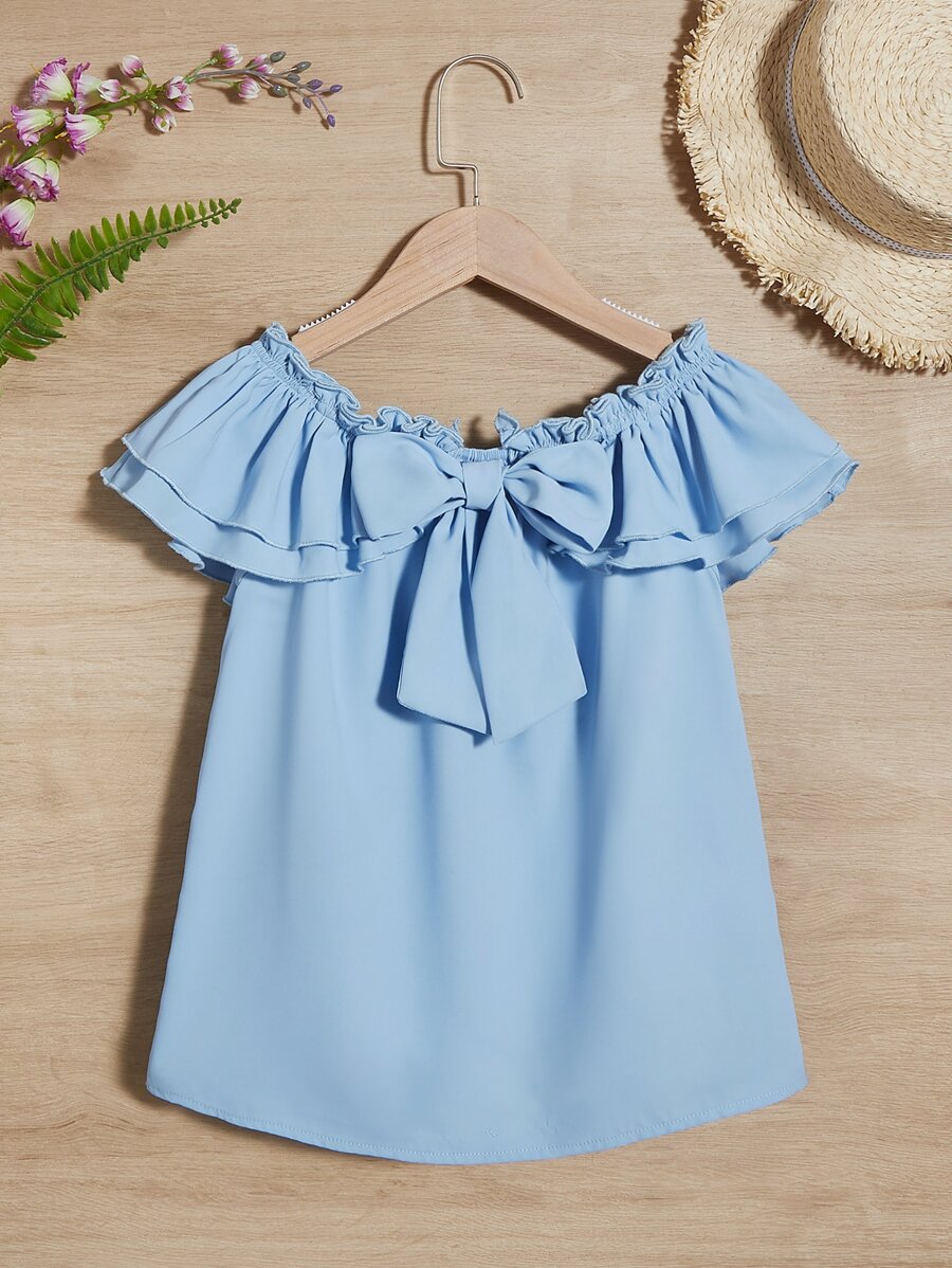 SHEIN Chicas Blusa de hombros descubiertos con lazo delantero ribete con fruncido - Celeste - Ver 1