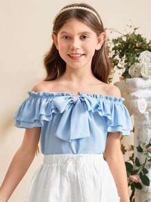 SHEIN Chicas Blusa de hombros descubiertos con lazo delantero ribete con fruncido - Celeste - Ver 2
