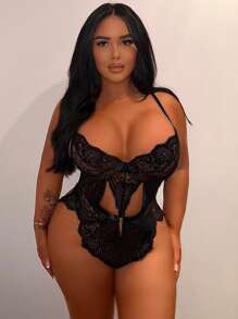 Plus Leopard Print Lace Underwire Teddy Bodysuit - Black - View 3