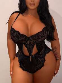 Plus Leopard Print Lace Underwire Teddy Bodysuit - Black - View 4