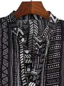 Manfinity RSRT Camisa Holgada De Media Botonadura Para Hombre Con Estampado Geométrico Completo - Blanco y Negro - Ver 4