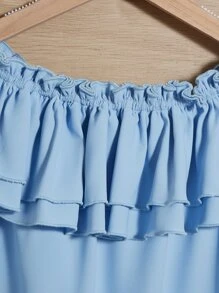SHEIN Chicas Blusa de hombros descubiertos con lazo delantero ribete con fruncido - Celeste - Ver 3