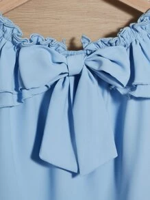SHEIN Chicas Blusa de hombros descubiertos con lazo delantero ribete con fruncido - Celeste - Ver 4