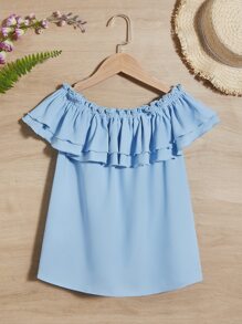 SHEIN Chicas Blusa de hombros descubiertos con lazo delantero ribete con fruncido - Celeste - Ver 5