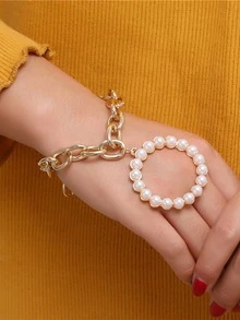 Faux Pearl Decor Bracelet - Yellow Gold - View 1