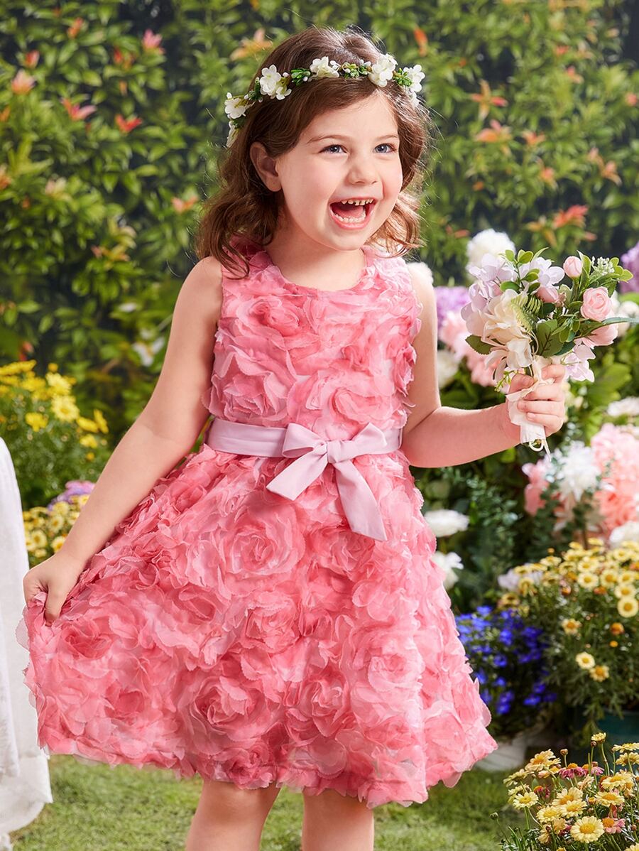 小女童花卉圖案提花腰帶網紗洋裝