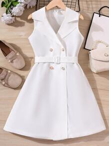 Girls Double Breasted Belted Vest Dress - White - View 1