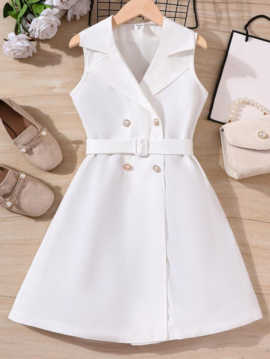 Girls Double Breasted Belted Vest Dress - White - View 1