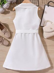 Girls Double Breasted Belted Vest Dress - White - View 2