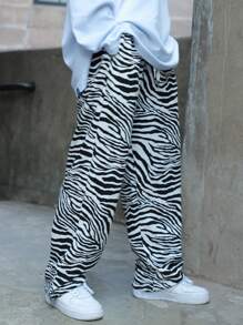Tween Boy Casual Zebra Pattern Pants, Hip Hop Streetwear, Spring And Autumn